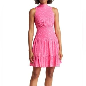 Eliza J Women's Hot Pink Sleeveless Mock Neck Clipdot Ruffles Mini Dress 14 NWT